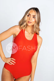 Scoop Neck Cross Back One Piece - Cherry Red Spotted Leopard