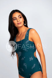 Square Neck One Piece - Teal Etched Floral