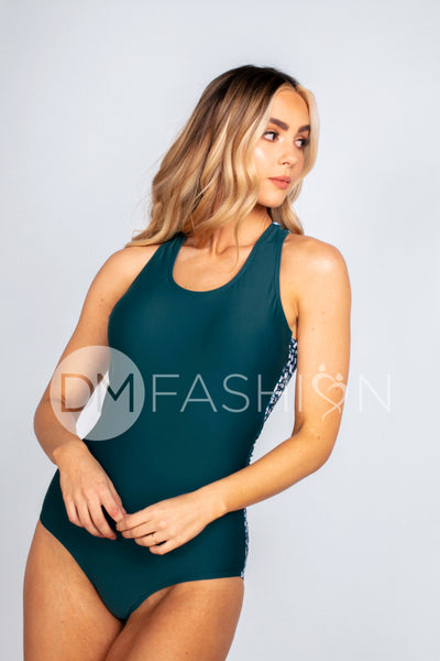 Scoop Neck Cross Back One Piece - Teal Shasta Daisy