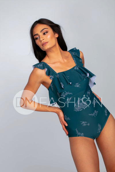 Waterfall One Piece - Teal Etched Floral