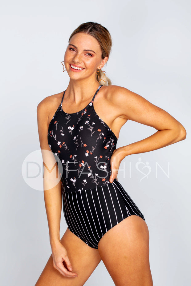 Sailor Back One Piece - Pinstripe Midnight Blossoms