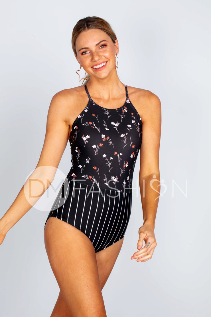Sailor Back One Piece - Pinstripe Midnight Blossoms