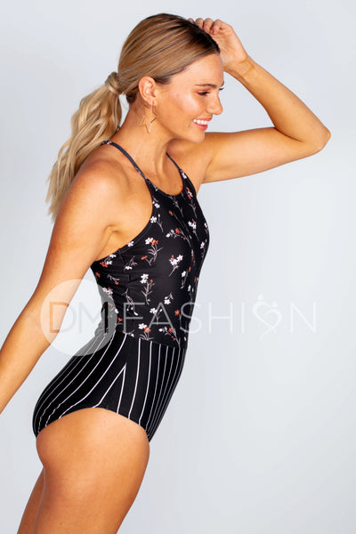 Sailor Back One Piece - Pinstripe Midnight Blossoms