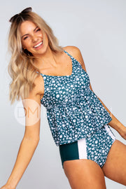 V-Peplum Tankini Top - Teal Shasta Daisy