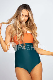 Square Neck Color Block One Piece - Jungle Ribbed