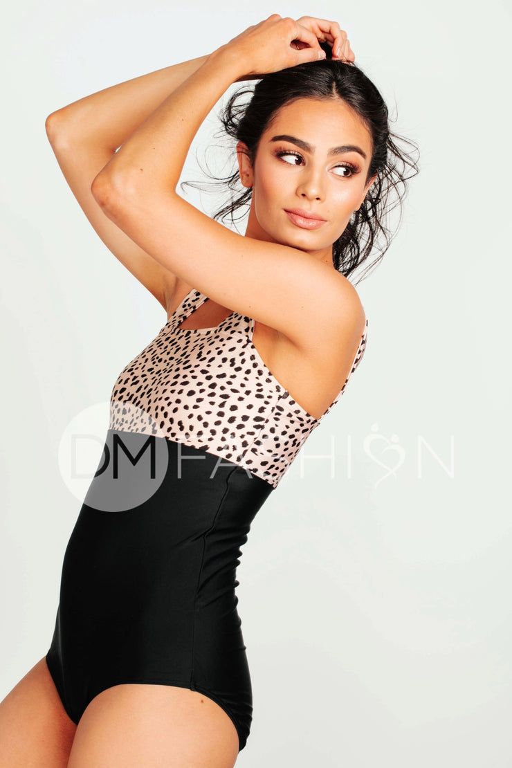 Square Neck Color Block One Piece - Black Leopard