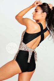 Scoop Neck Cross Back One Piece - Black Leopard