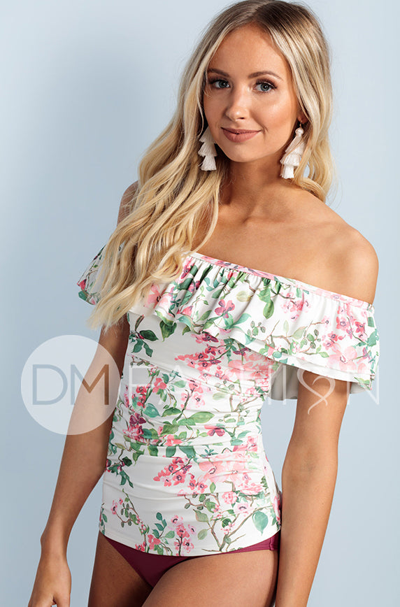 Off The Shoulder Ruched Double Ruffle Tankini Top - Dahlila Rose - FINAL SALE