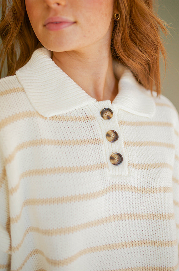 Megan Off-White Striped Collared Boxy Crop Sweater-FINAL FEW