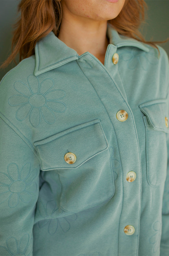 Ariel Dusty Teal Daisy Embroidered Shacket