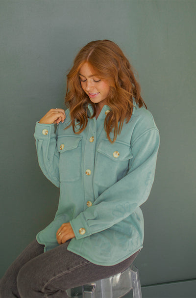Ariel Dusty Teal Daisy Embroidered Shacket