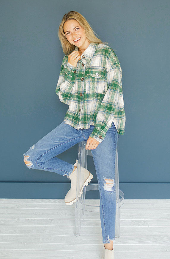 Up Beat Hunter Green Plaid Shacket - FINAL SALE