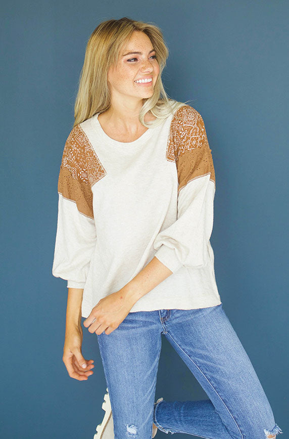 Without You Oatmeal Color Block Top - FINAL SALE