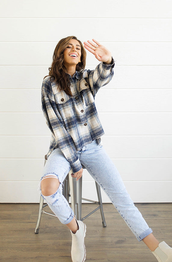 Up Beat Navy Plaid Shacket - FINAL SALE