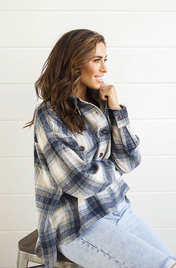 Up Beat Navy Plaid Shacket - FINAL SALE