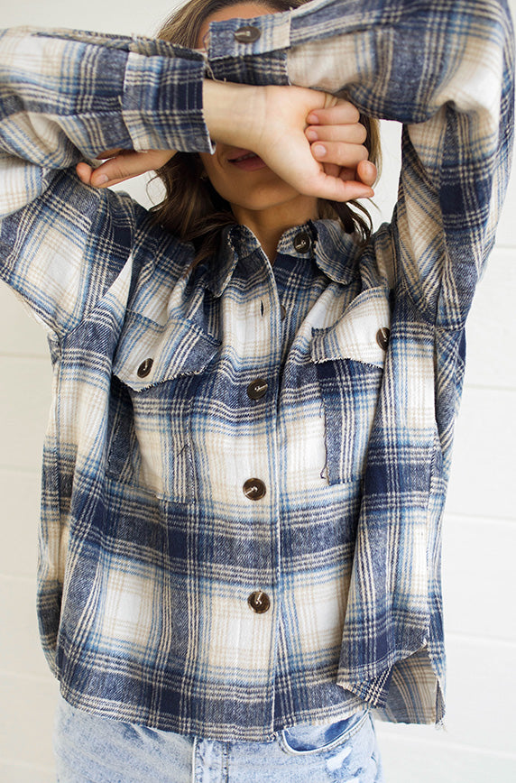 Up Beat Navy Plaid Shacket - FINAL SALE
