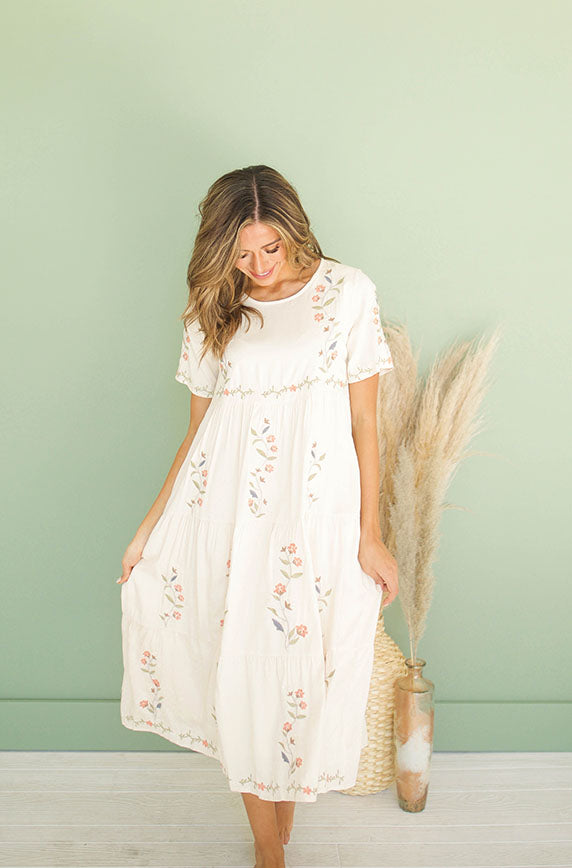 Millie Embroidered Cream Dress - Maternity Friendly - Restocked