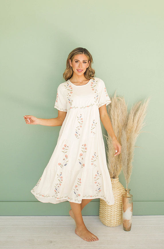 Millie Embroidered Cream Dress - Maternity Friendly - Restocked