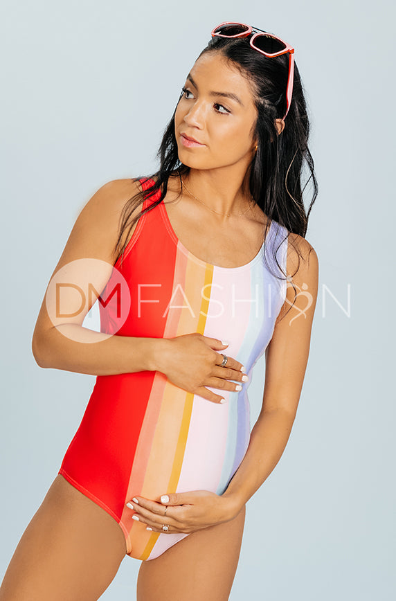 Scoop Neck Back Strap One Piece - Rainbow Water Colors