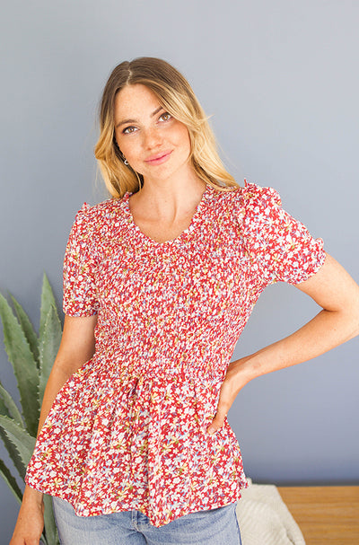 Spring Fun Red Floral Smocked Blouse- FINAL SALE - FINAL FEW