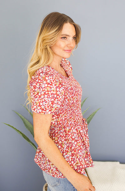 Spring Fun Red Floral Smocked Blouse- FINAL SALE - FINAL FEW