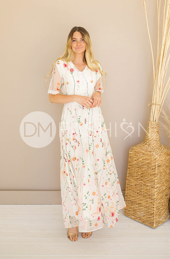 Diana Embroidered Ivory Floral Dress