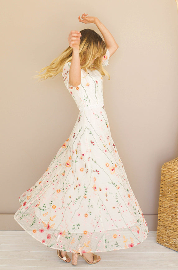 Diana Embroidered Ivory Floral Dress