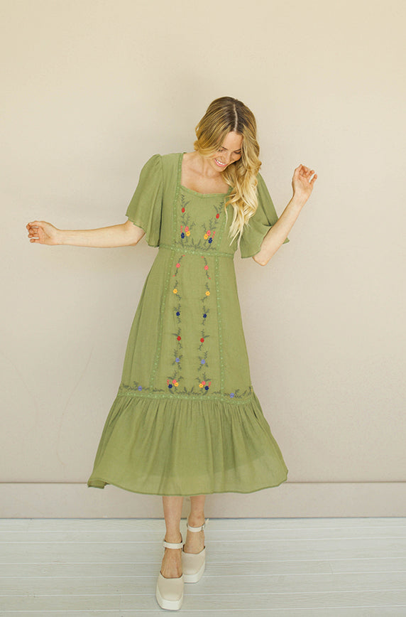 Leslie Olive Embroidered Dress - FINAL SALE