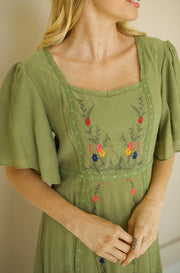 Leslie Olive Embroidered Dress - FINAL SALE