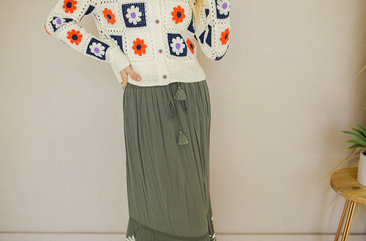 Falling Leaves Olive Embroidered Skirt- FINAL FEW