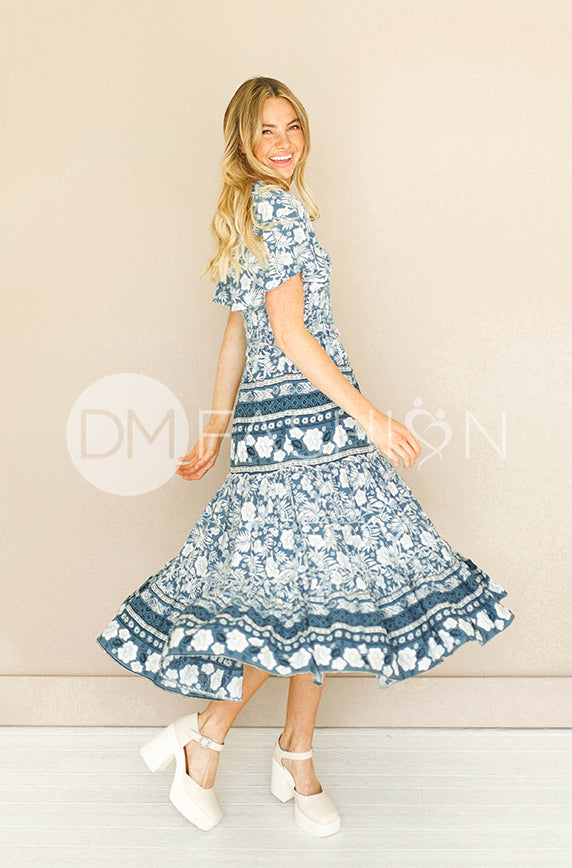 Leilani Teal Hibiscus Smocked Dress - DM Exclusive - Maternity Friendly