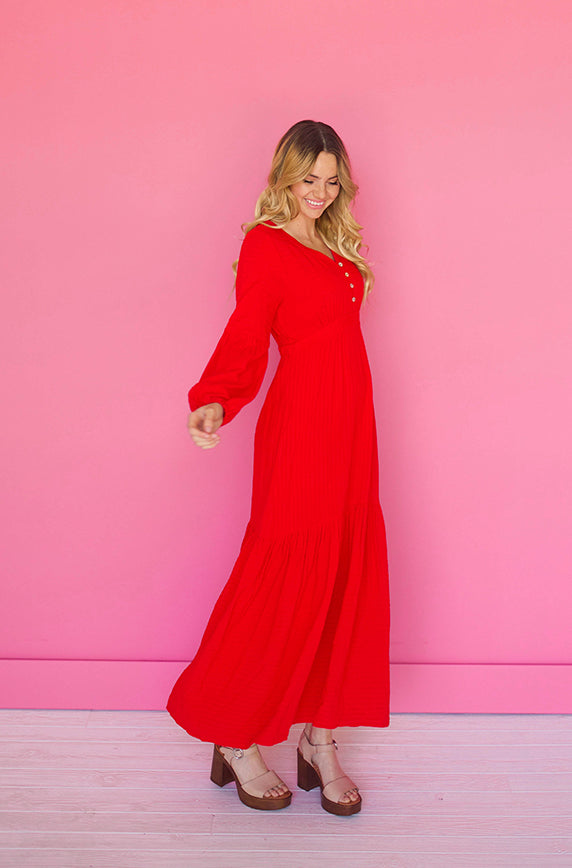Abbie Red Waffle Maxi Dress - DM Exclusive