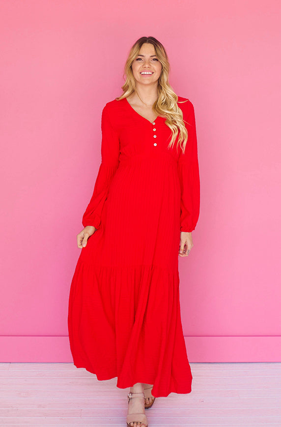 Abbie Red Waffle Maxi Dress - DM Exclusive - Restocked