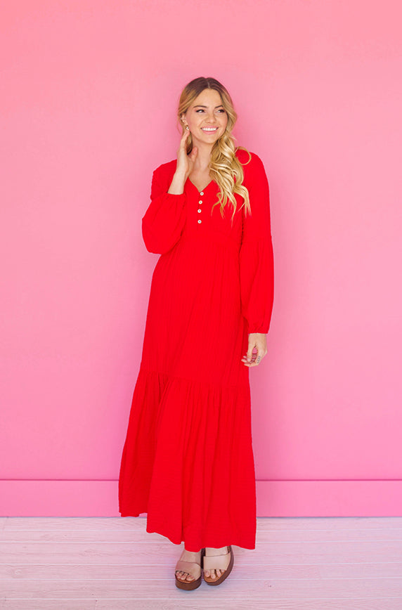 Abbie Red Waffle Maxi Dress - DM Exclusive - Nursing Friendly - Maternity Friendly - Restocked