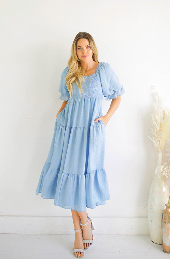 Jamie Angel Blue Puff Sleeve Midi Dress - Maternity Friendly - FINAL SALE - FINAL FEW