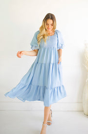 Jamie Angel Blue Puff Sleeve Midi Dress - Restocked