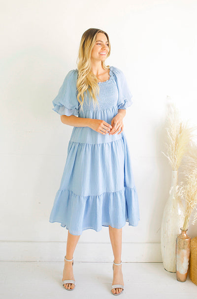 Jamie Angel Blue Puff Sleeve Midi Dress - Maternity Friendly - FINAL SALE - FINAL FEW