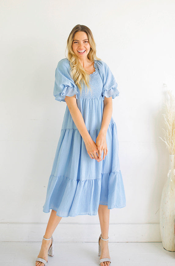 Jamie Angel Blue Puff Sleeve Midi Dress - Maternity Friendly - FINAL SALE