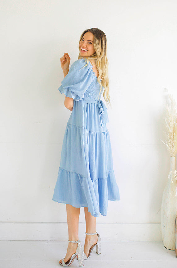 Jamie Angel Blue Puff Sleeve Midi Dress - Restocked