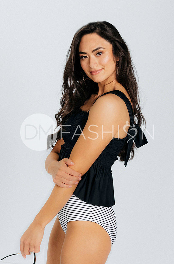 Back Tie Smocked Peplum Top - Black