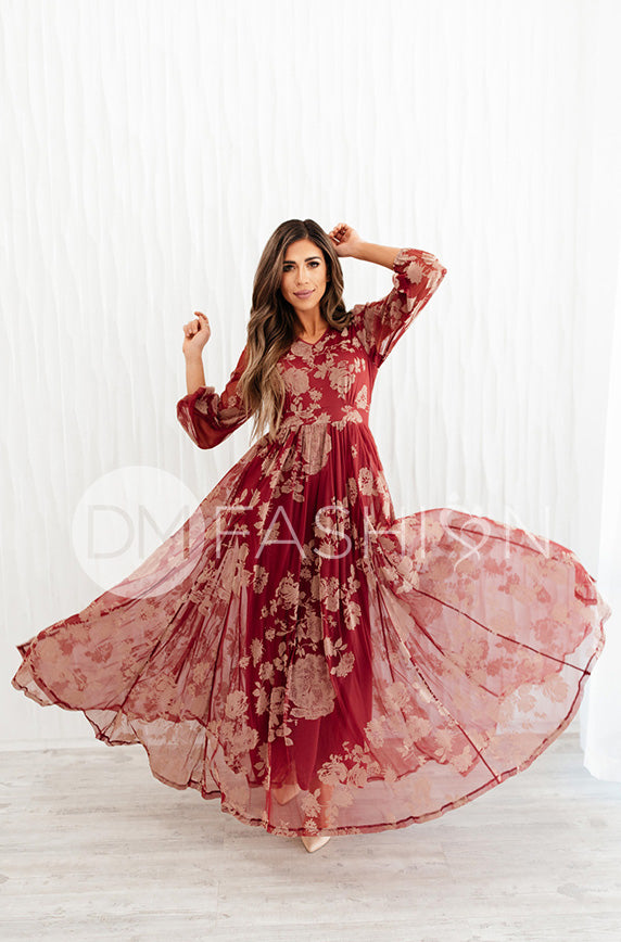 Adoria Burgundy Floral Velvet Maxi - DM Exclusive - Restocked - Maternity Friendly