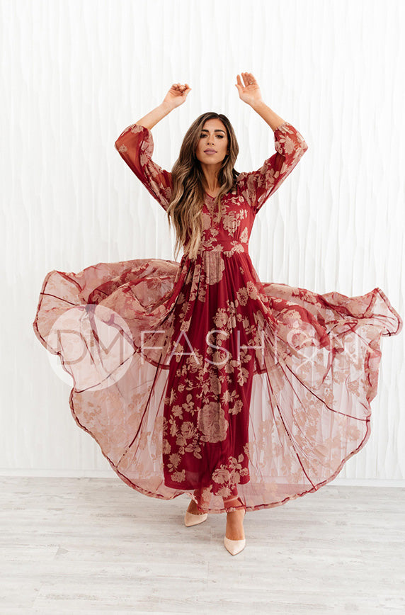 Adoria Burgundy Floral Velvet Maxi - DM Exclusive - Restocked - Maternity Friendly
