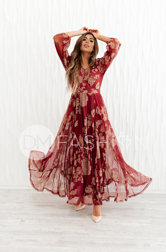 Adoria Burgundy Floral Velvet Maxi - DM Exclusive - Restocked