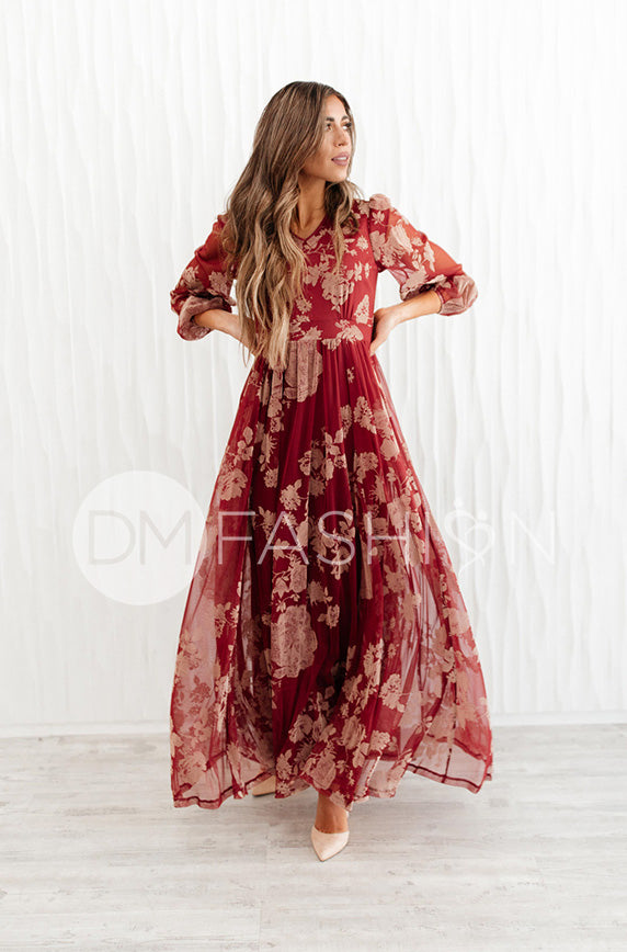 Adoria Burgundy Floral Velvet Maxi - DM Exclusive - Restocked - Maternity Friendly