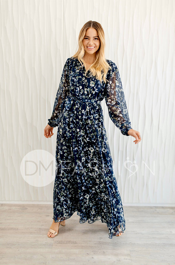 Chanel Winter Floral Gold Stripe Maxi - DM Exclusive - Nursing Friendly - Maternity Friendly