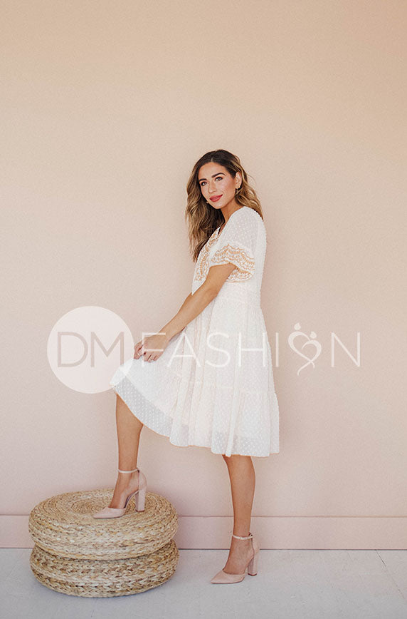 Connie Cream Swiss Dot Embroidery Dress - DM Exclusive - Restocked