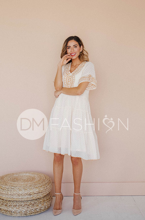 Connie Cream Swiss Dot Embroidery Dress - DM Exclusive - FINAL SALE