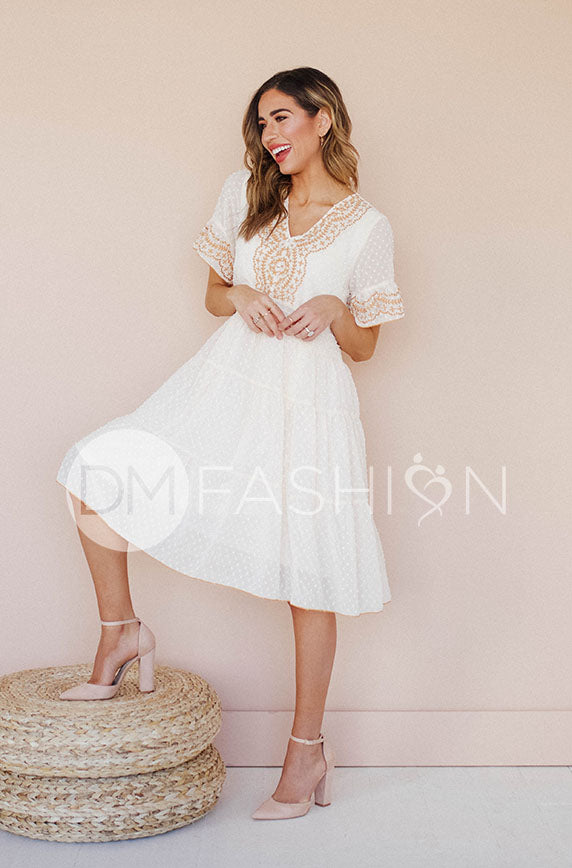 Connie Cream Swiss Dot Embroidery Dress - DM Exclusive - Restocked