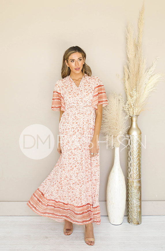 Dion Gold Coral Wrap Maxi Dress – DM Exclusive - Nursing Friendly - Maternity Friendly - FINAL SALE