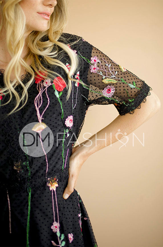 Diana Embroidered Black Floral Dress - DM Exclusive